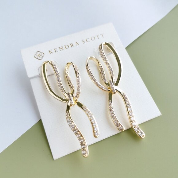 Kendra Scott Sasha White Crystal Statement Earrings in Gold - Picture 2 of 3